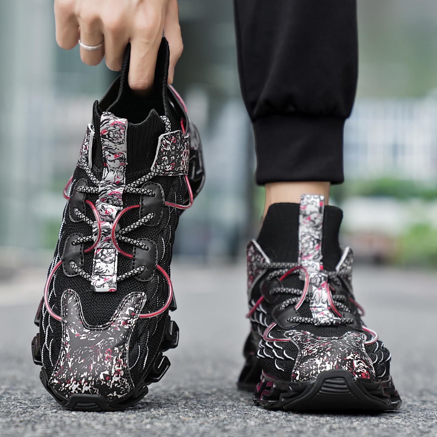 Sneakers for Men with Blade Sole, Artistic Print and Fish Scale Design, Mens Fashion Sneakers，Breathable Mesh, Cushioning, for Jogging Walking