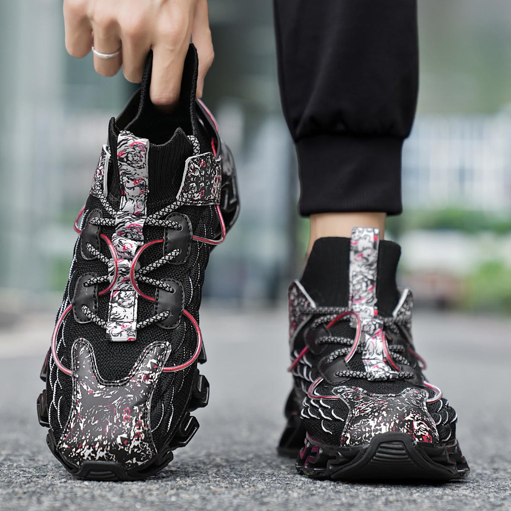 Sneakers for Men with Blade Sole, Artistic Print and Fish Scale Design, Mens Fashion Sneakers，Breathable Mesh, Cushioning, for Jogging Walking