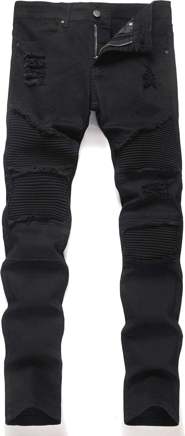 XIMXIMMTIAN Men's Biker Moto Washed Distressed Slim Fit Straight Jeans Denim