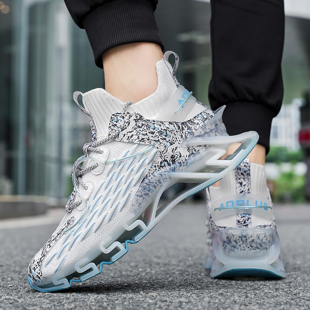 Sneakers for Men with Blade Sole, Artistic Print and Fish Scale Design, Mens Fashion Sneakers，Breathable Mesh, Cushioning, for Jogging Walking