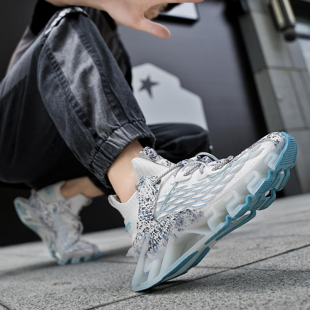 Sneakers for Men with Blade Sole, Artistic Print and Fish Scale Design, Mens Fashion Sneakers，Breathable Mesh, Cushioning, for Jogging Walking