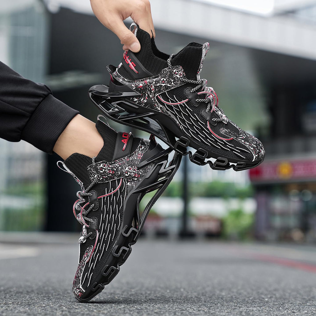 Sneakers for Men with Blade Sole, Artistic Print and Fish Scale Design, Mens Fashion Sneakers，Breathable Mesh, Cushioning, for Jogging Walking