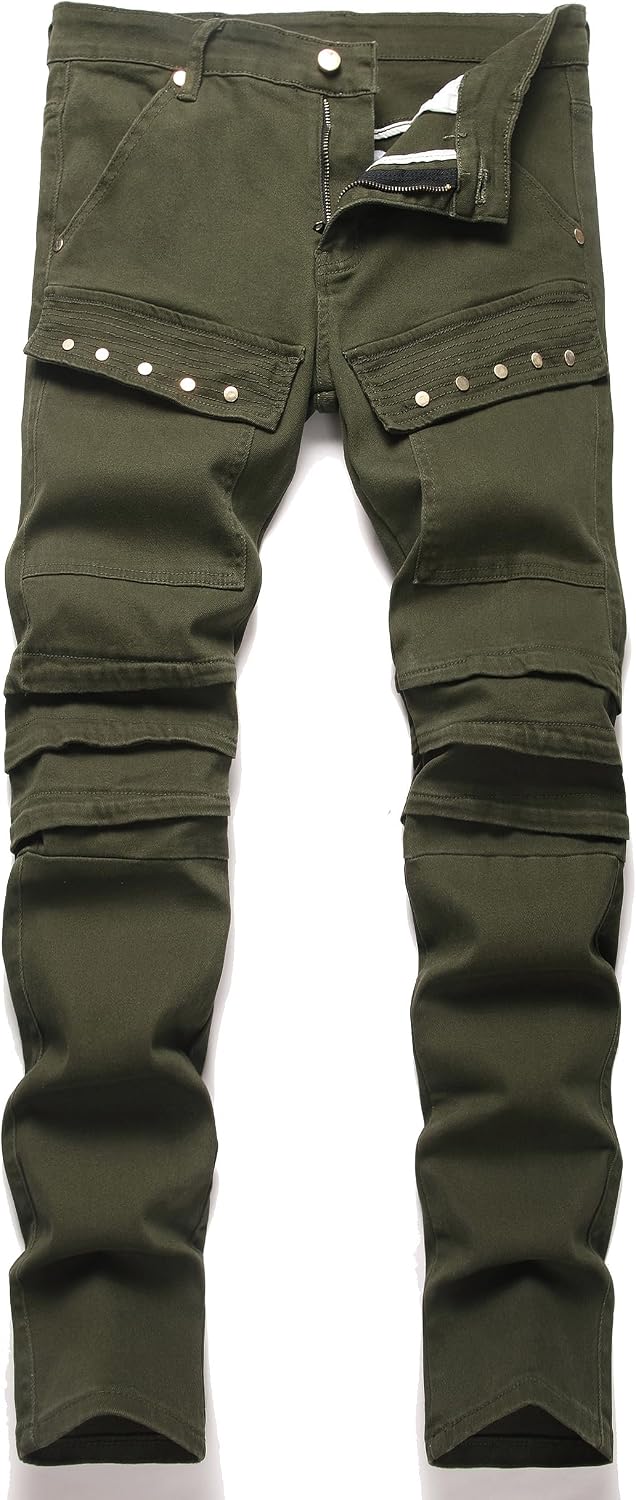 XIMXIMMTIAN Men's Biker Moto Washed Distressed Slim Fit Straight Jeans Denim