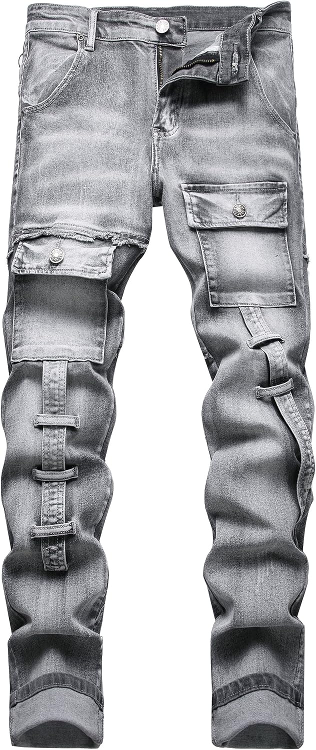 XIMXIMMTIAN Men's Biker Moto Washed Distressed Slim Fit Straight Jeans Denim