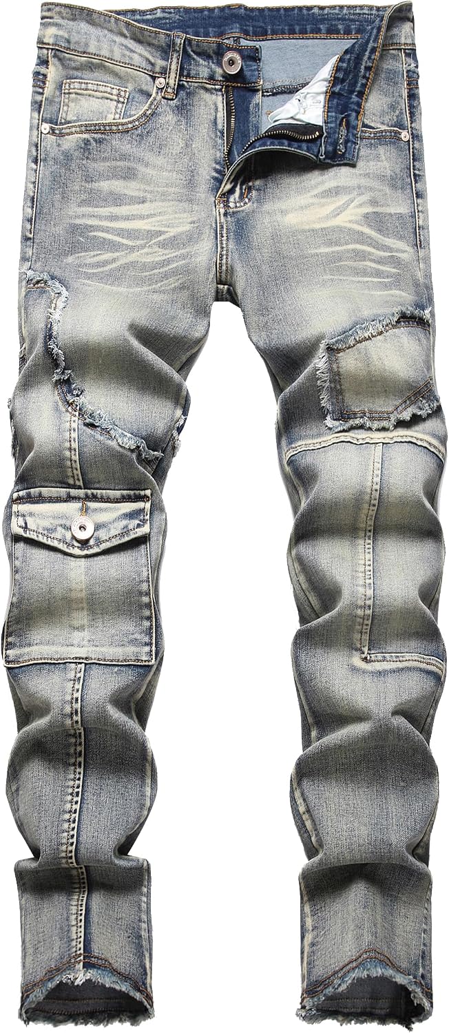 XIMXIMMTIAN Men's Biker Moto Washed Distressed Slim Fit Straight Jeans Denim