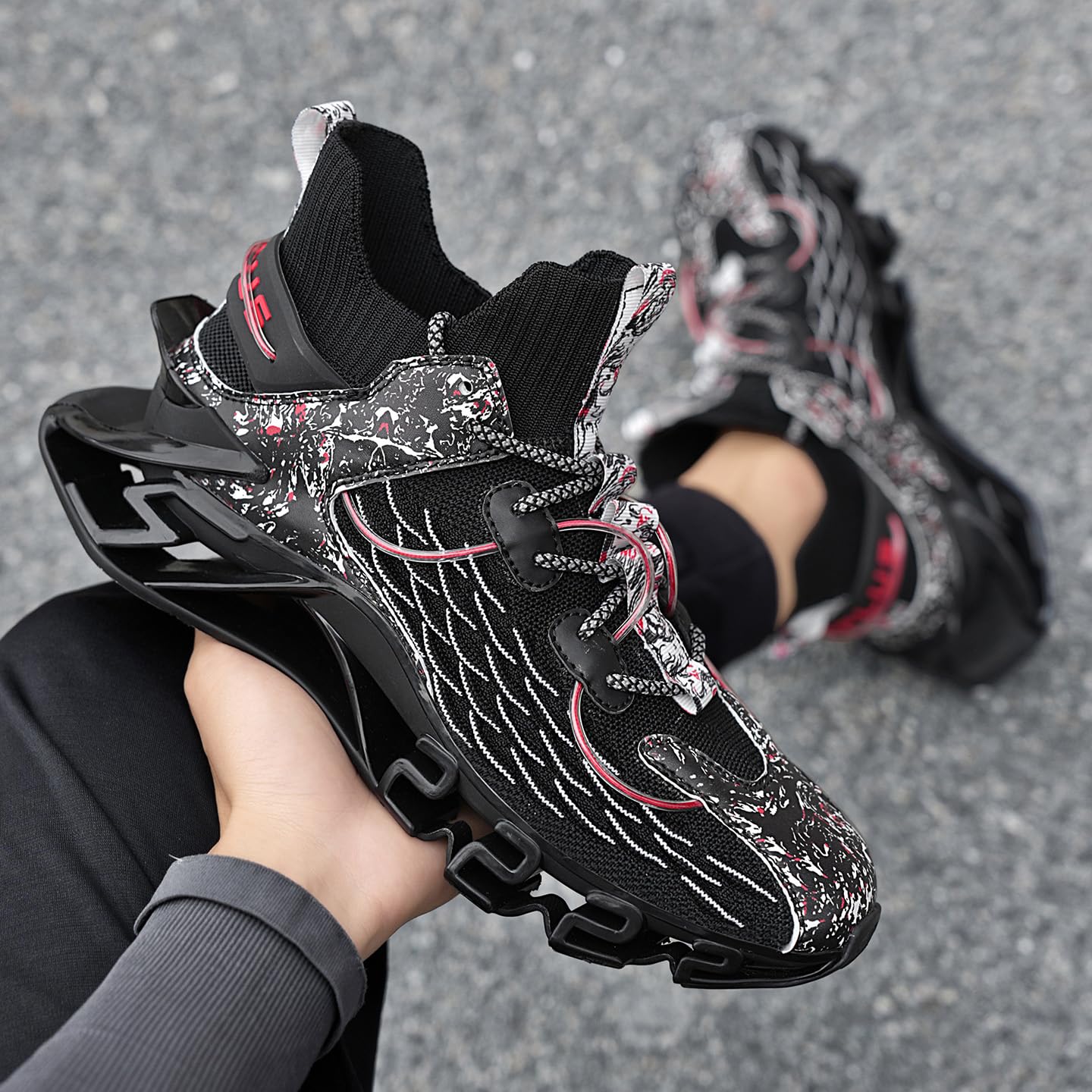 Sneakers for Men with Blade Sole, Artistic Print and Fish Scale Design, Mens Fashion Sneakers，Breathable Mesh, Cushioning, for Jogging Walking