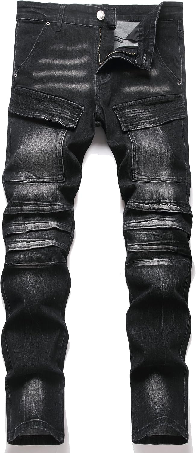 XIMXIMMTIAN Men's Biker Moto Washed Distressed Slim Fit Straight Jeans Denim