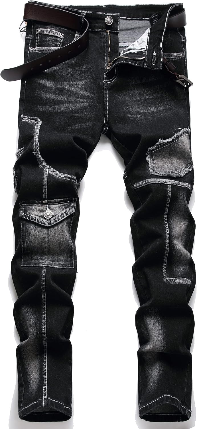 XIMXIMMTIAN Men's Biker Moto Washed Distressed Slim Fit Straight Jeans Denim