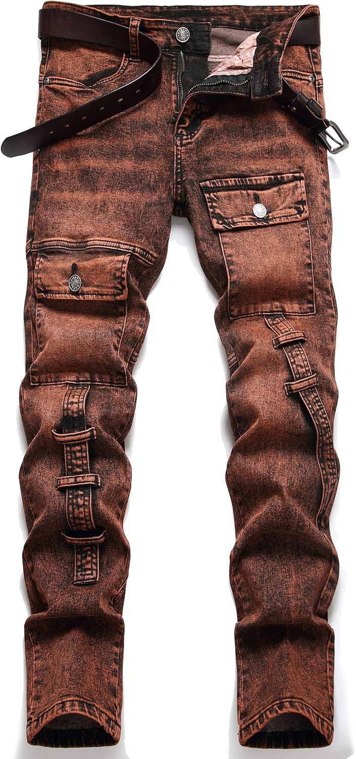 XIMXIMMTIAN Men's Biker Moto Washed Distressed Slim Fit Straight Jeans Denim