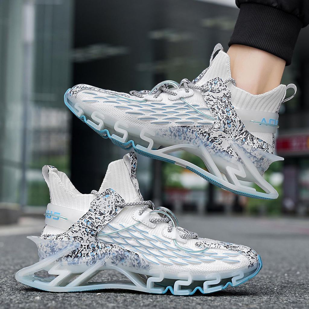 Sneakers for Men with Blade Sole, Artistic Print and Fish Scale Design, Mens Fashion Sneakers，Breathable Mesh, Cushioning, for Jogging Walking