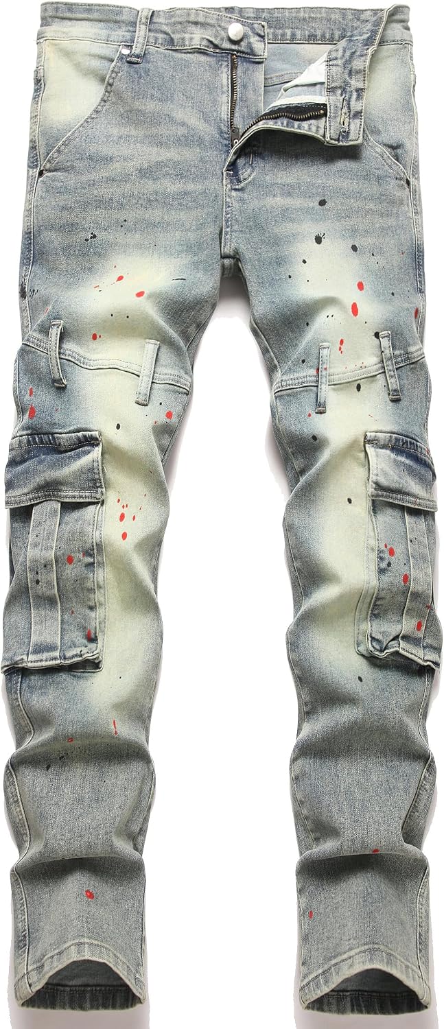 XIMXIMMTIAN Men's Biker Moto Washed Distressed Slim Fit Straight Jeans Denim