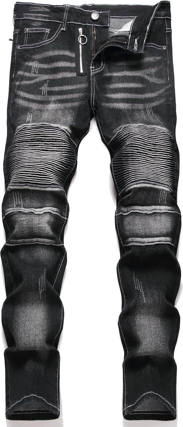 XIMXIMMTIAN Men's Biker Moto Washed Distressed Slim Fit Straight Jeans Denim