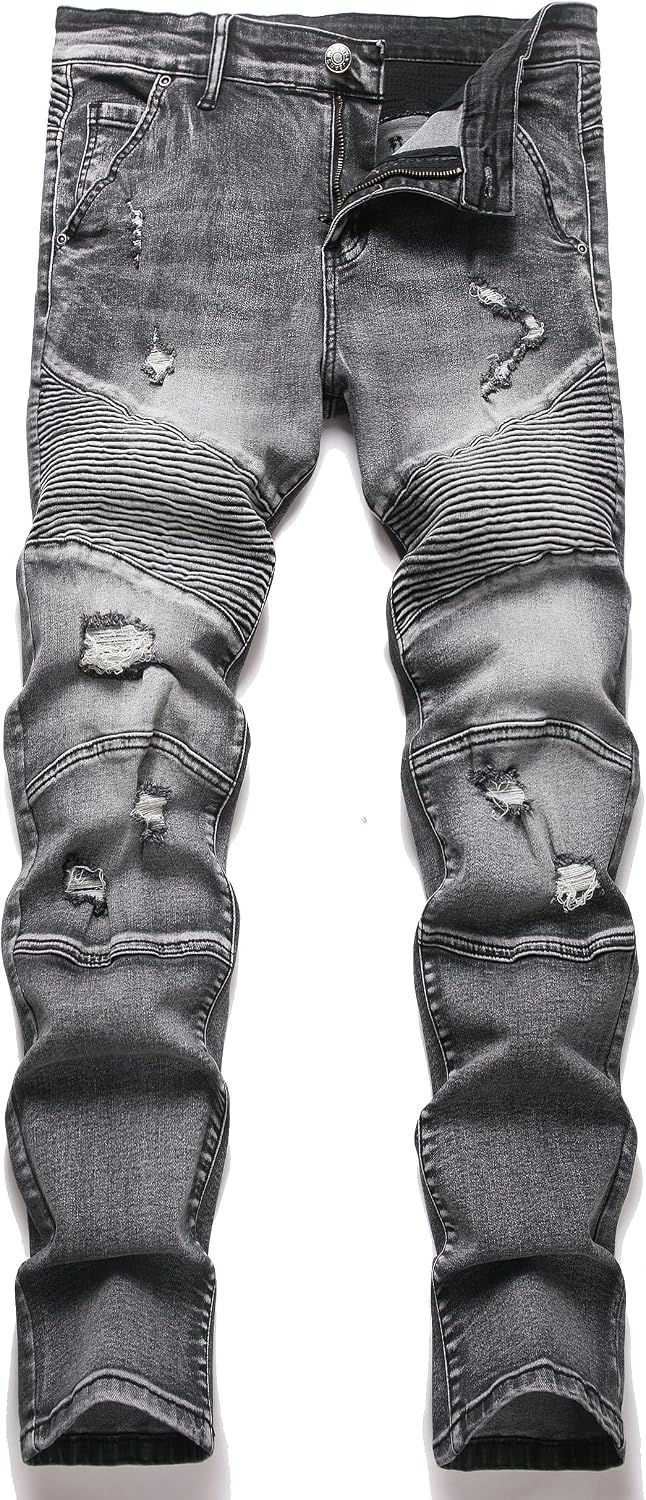 XIMXIMMTIAN Men's Biker Moto Washed Distressed Slim Fit Straight Jeans Denim