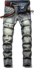 XIMXIMMTIAN Men's Biker Moto Washed Distressed Slim Fit Straight Jeans Denim
