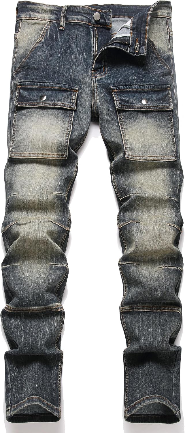 XIMXIMMTIAN Men's Biker Moto Washed Distressed Slim Fit Straight Jeans Denim