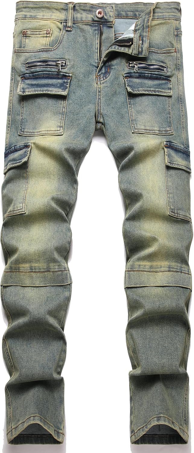 XIMXIMMTIAN Men's Biker Moto Washed Distressed Slim Fit Straight Jeans Denim