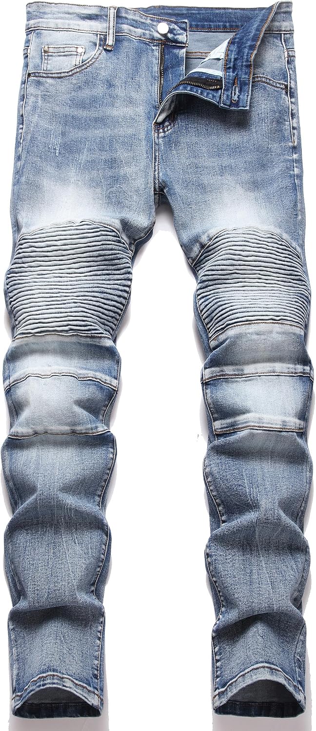 XIMXIMMTIAN Men's Biker Moto Washed Distressed Slim Fit Straight Jeans Denim