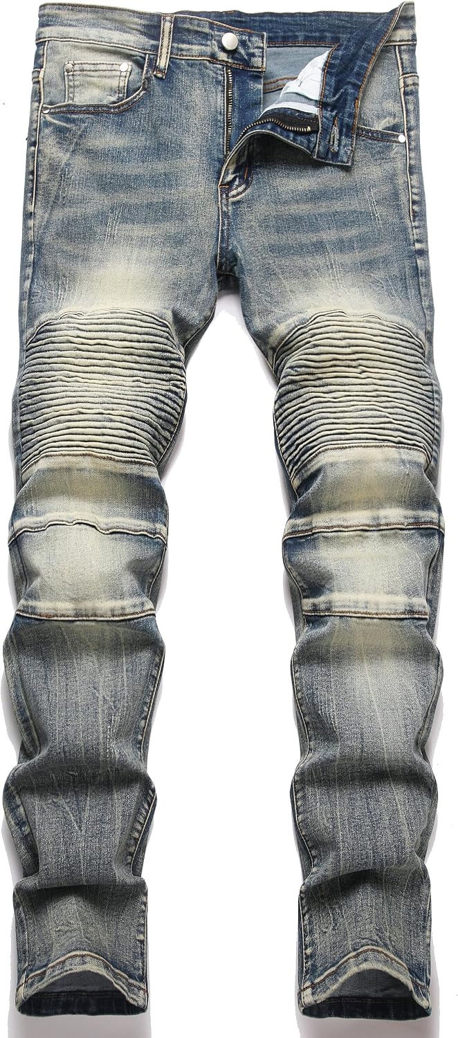 XIMXIMMTIAN Men's Biker Moto Washed Distressed Slim Fit Straight Jeans Denim