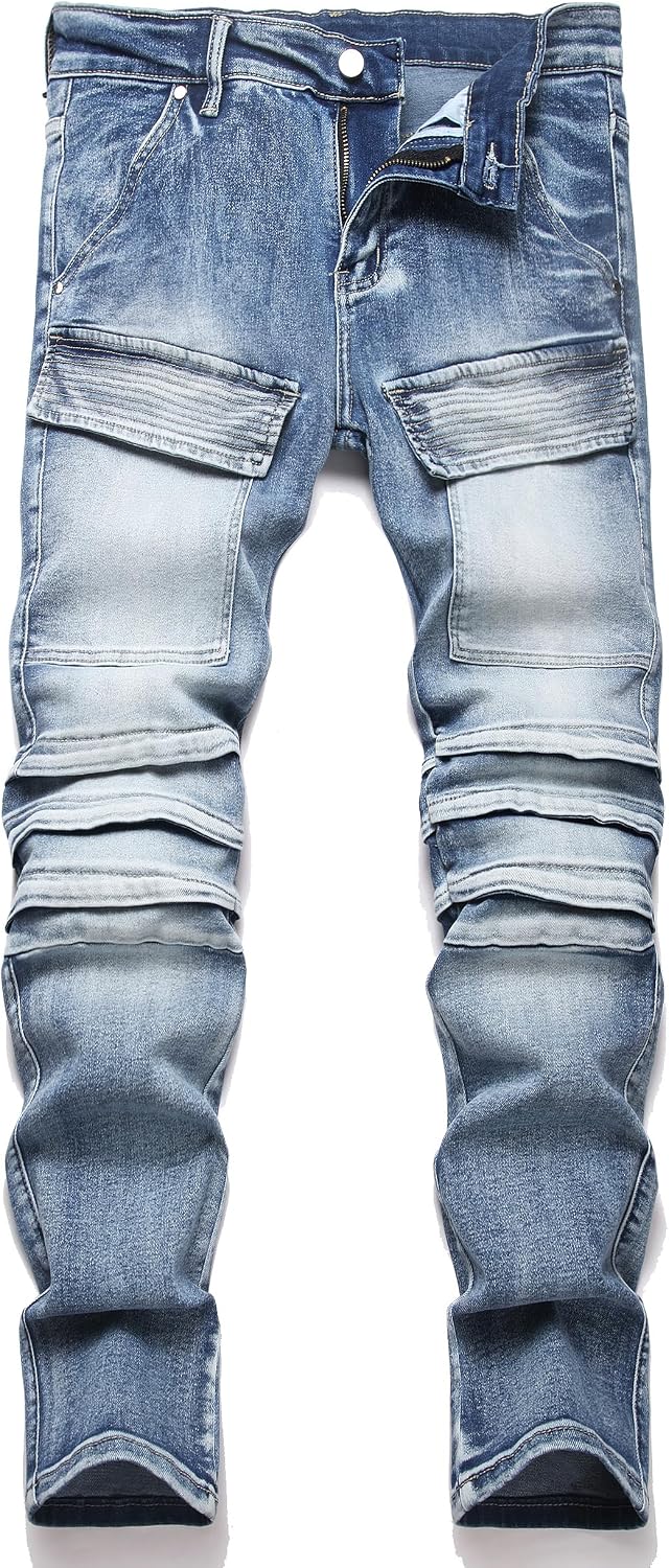 XIMXIMMTIAN Men's Biker Moto Washed Distressed Slim Fit Straight Jeans Denim