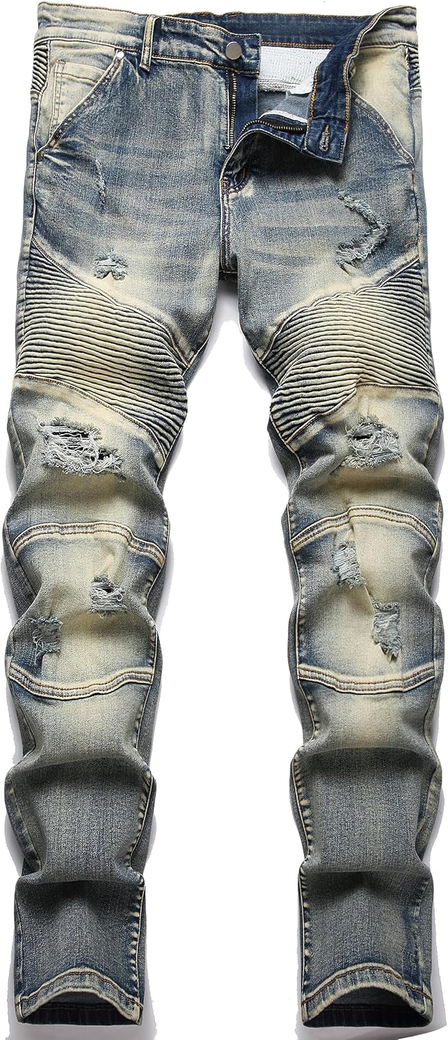 XIMXIMMTIAN Men's Biker Moto Washed Distressed Slim Fit Straight Jeans Denim