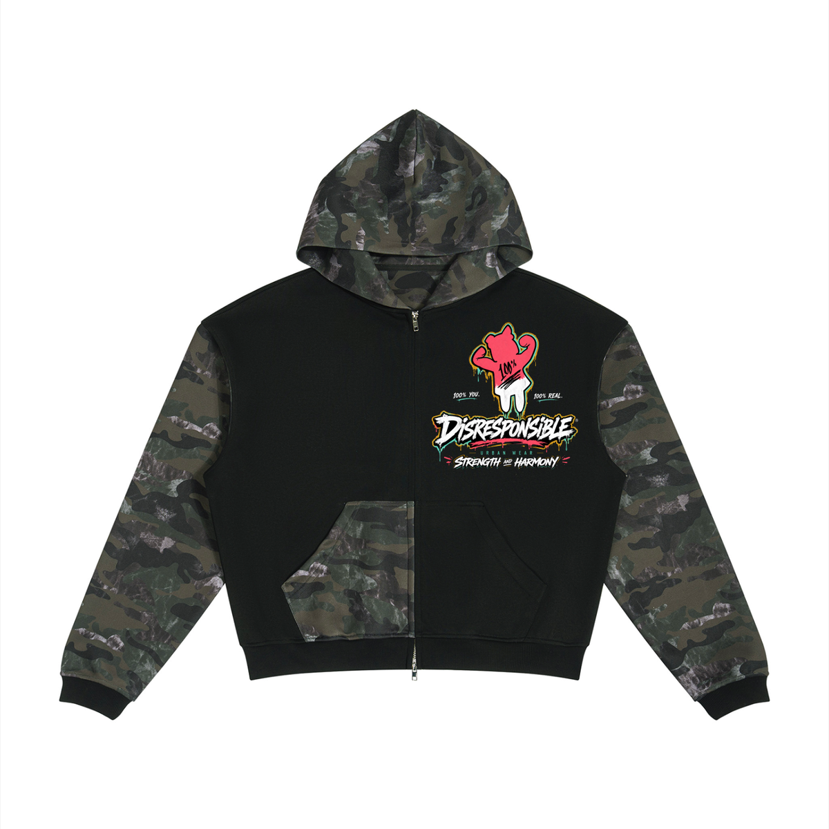 Disresponsible Colorblock Camo Full Zip Boxy Hoodie